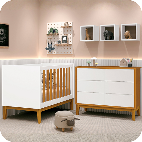 Quarto de Bebê Berço Flip + Cômoda Infantil 6 Gavetas Classic Branco Fosco/Savana