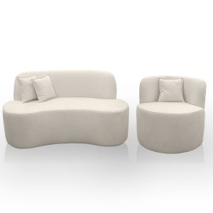 Kit 2 Poltronas com Sofá Curvo 2 Lugares Feijão Forma Orgânica 1,50 Bouclé Maranata
