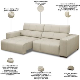 Sofá Retrátil Reclinável para Sala 3 Lugares 230cm Bari L06 Couro Off White - Lyam Decor - 5