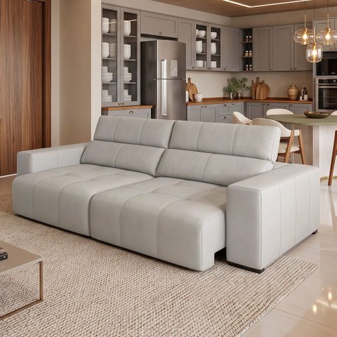 Sofá Retrátil Reclinável para Sala 3 Lugares 230cm Bari L06 Couro Off White - Lyam Decor