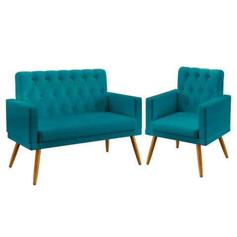 Kit Poltrona Namoradeira e Poltrona Vega com Capitonê Suede Azul Turquesa Aradecor