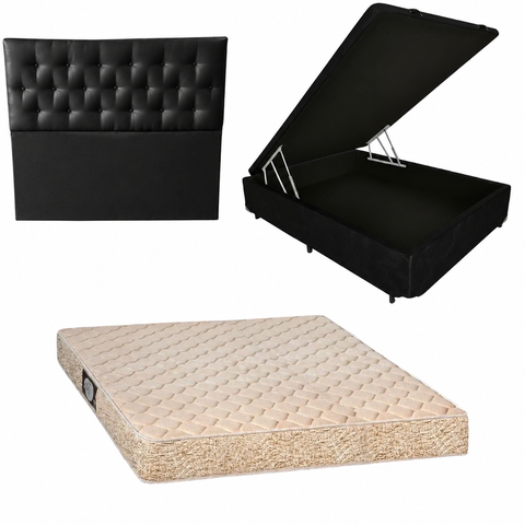 Cama Box Baú Blindada com Colchão de Espuma Toulon D33 + Cabeceira Botonê - Casal Corino Preto