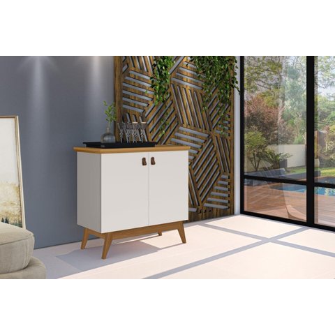Buffet / Balcão / Bancada / Aparador Abs Estilo Retrô com Pés em Madeira e Puxadores em Couro 2 Port