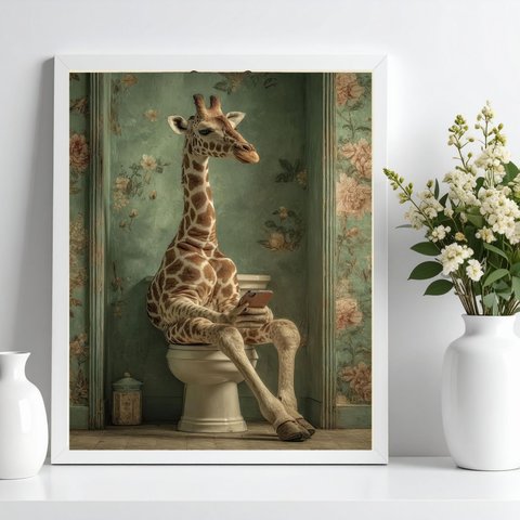 Quadro Banheiro Girafa no Vaso com Celular 33x24cm - com Vidro:moldura Branca