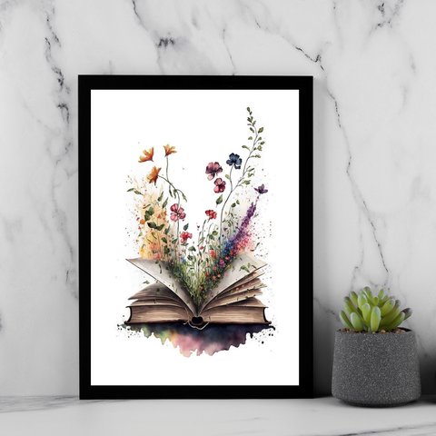 Quadro Decorativo Livro com Flores - Aquarela 33x24cm - com Vidro:moldura Branca
