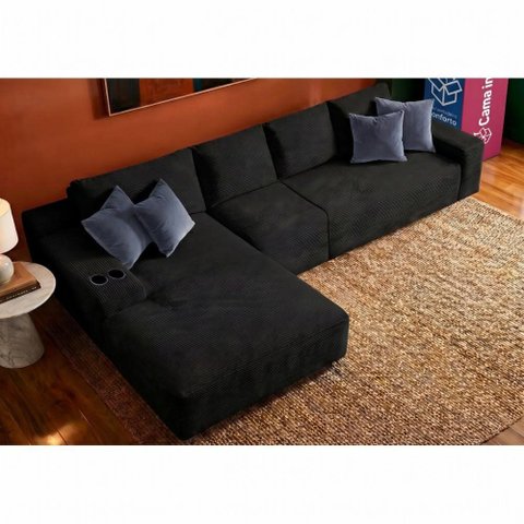 Sofá Evo 3,40m Molas Ensacadas com Chaise Lounge Esquerda Velourê Preto Cama Inbox