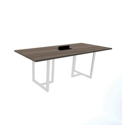 Mesa de Reunião com Caixa de Tomada Retangular 200x90 cm Pé Tubular PE25 em MDP Walnut e Base Branca - 1