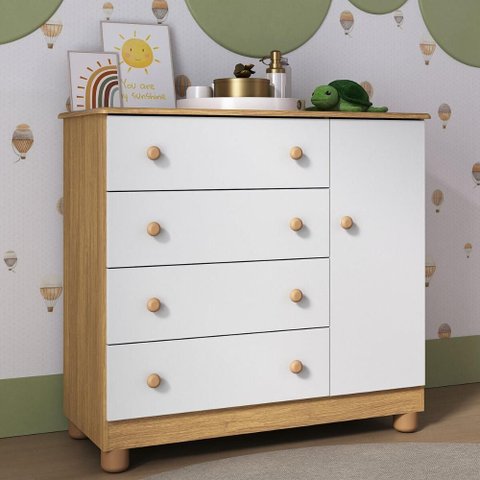 Cômoda Infantil 95cm 1 Porta e 4 Gavetas Allegra Multimóveis Mp4444 Madeirado/branco