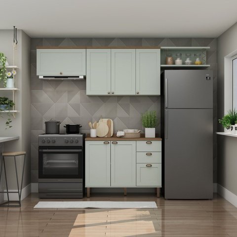 Cozinha Completa Modulada 100% MDF 4 Peças Iluminata Verde/Mint/Ébano Fosco