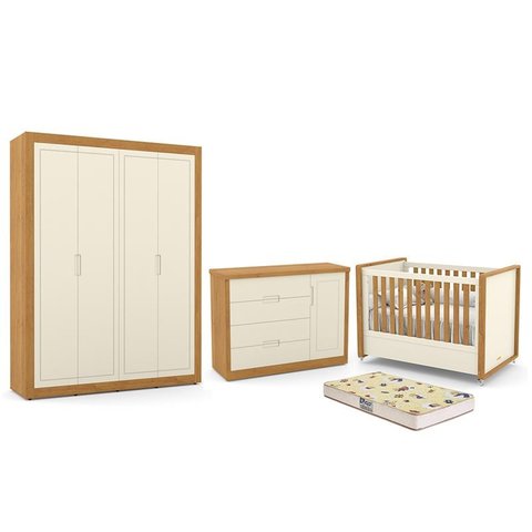 Dormitório Tutto New 4 Portas, Cômoda 1 Porta, Berço Off White/Freijó com Colchão D18 - Matic Móveis