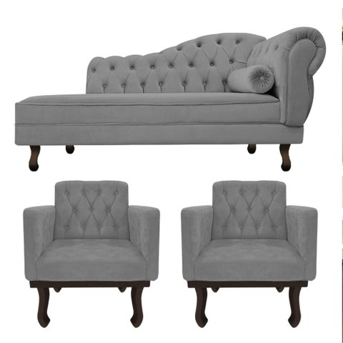 Kit Diva Recamier Juliana 140cm Lado Esquerdo e 02 Poltronas Classic Suede Cinza - Amarena Móveis