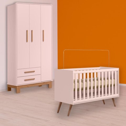 Conjunto Berço Mini Cama Retrô e Guarda Roupa Slim 3 Portas 2 Gavetas Rosa