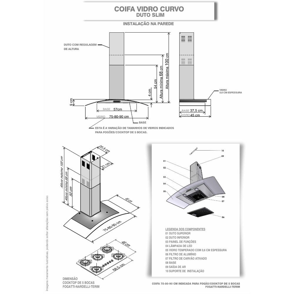 Coifa Parede Vidro Curvo Black 6 Bocas 75cm 127v - Fogatti - 5