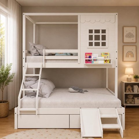 Beliche Infantil Casinha Reta Casal/ Solteiro com 02 Gavetas e Escorregador Madeira Maciça Branco