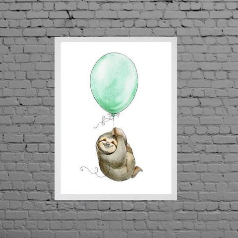 Quadro Infantil Bicho Preguiça Com Balão 45x34cm - com vidro:Madeira branca