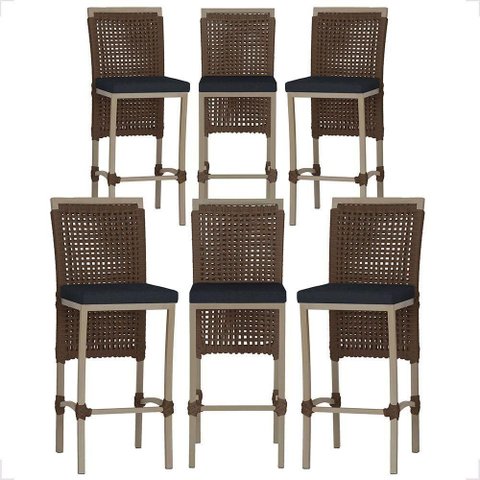 Kit 6 Banquetas Roma Alumínio Assento Tecido com Encosto Marrom Trama Original