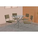 Ver imagem 1 de Conjunto: Mesa de Cozinha Volga C/ Tampo de Vidro 95cm e 4 Cadeiras Zaria Niquel - Suede Bege -