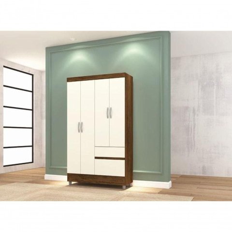 Guarda Roupa Casal Ideal Plus 4 Portas de Bater 2 Gavetas MDP Imbuia Champanhe Vila Rica 103cm