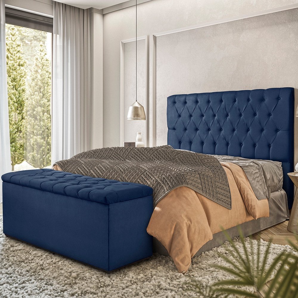 Cabeceira Estofada para Cama Casal Queem 160 Cm Londres Veludo: Veludo Azul Marinho