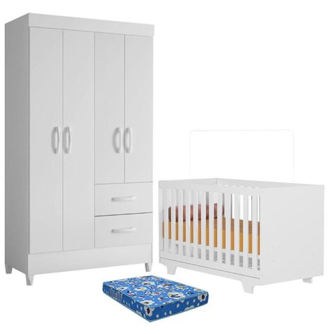 Berço Nacional Life 2217 com Colchão Ortobom Guarda Roupa Mobi 4 Portas Branco Flex - Móveis Albatro