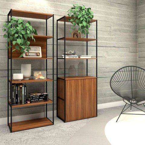 Estante Industrial 2 Torres Portas Prateleiras Metal Madeira Cor:nogal com Preto