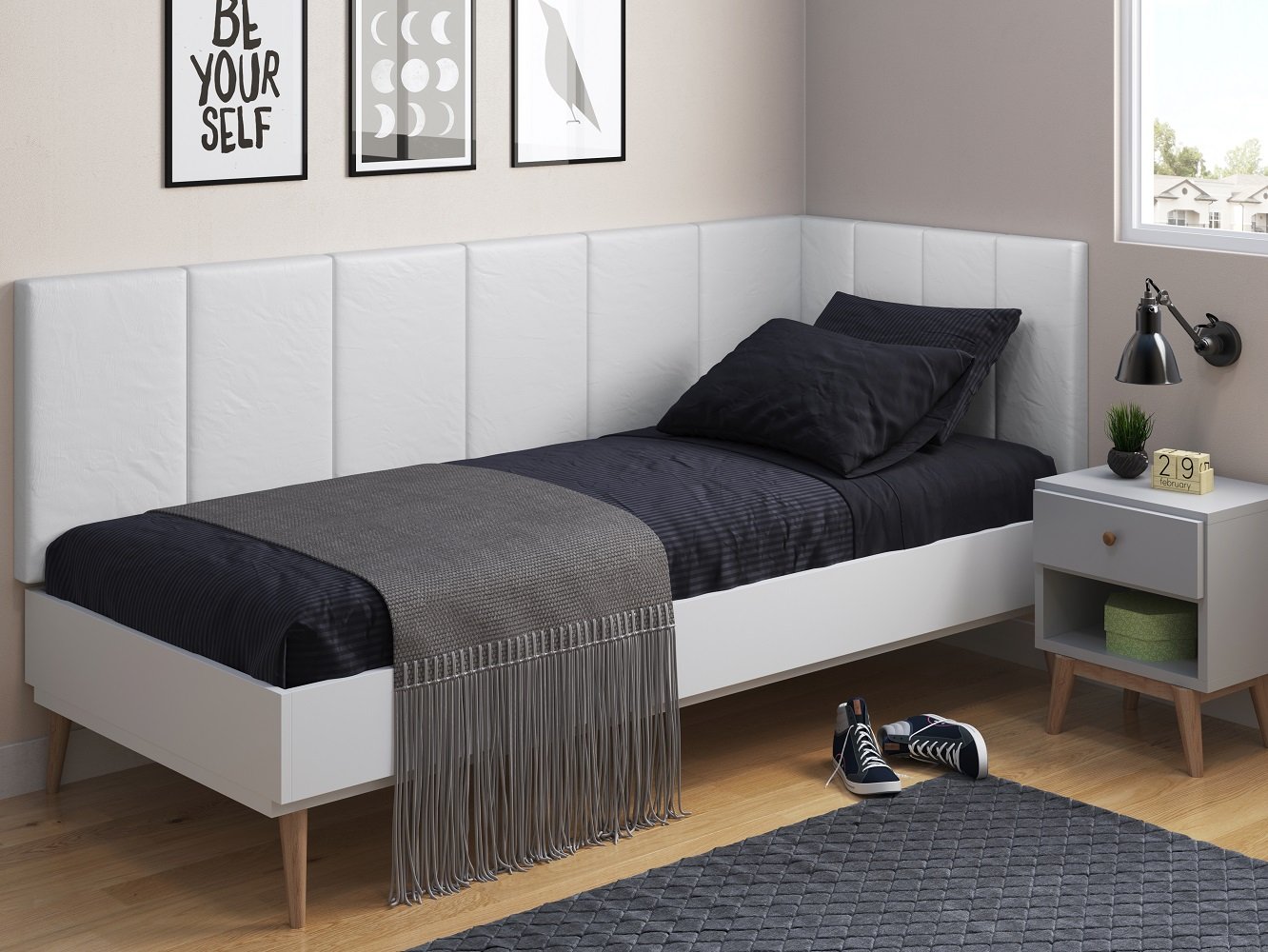 Cabeceira em L para Cama Box Solteiro Proteção Lateral Estofada - Corino Branco