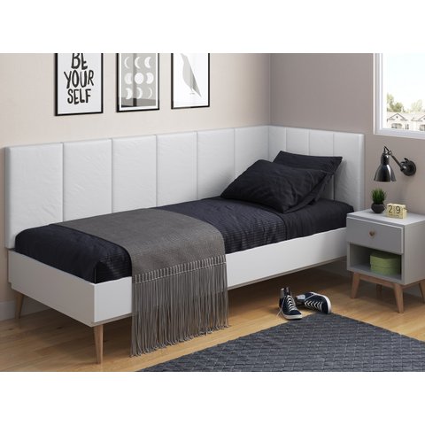 Cabeceira em L para Cama Box Solteiro Proteção Lateral Estofada - Corino Branco