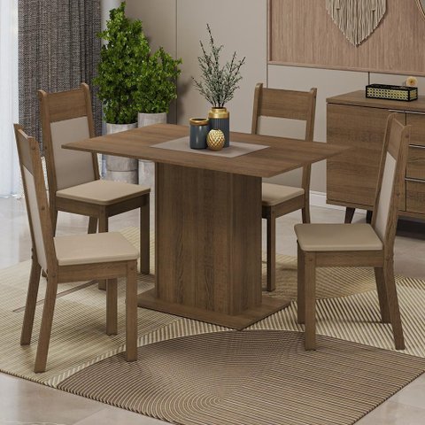 Conjunto Sala de Jantar Mesa Tampo de Madeira 4 Cadeiras Rustic/crema/bege Sheila Madesa