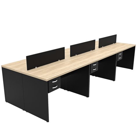 Estação de Trabalho 6 Lugares Mesa Escritório 140x60cm com Gaveteiro 2 Gavetas Flex - Dubai/Preto