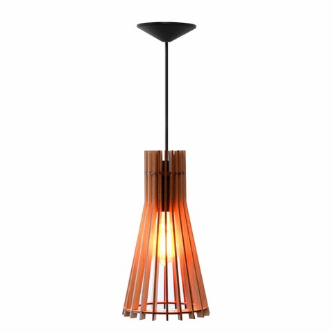 Luminária Lustre Pendente Madeira Vazado Aletado Soq E27 13x25cm Cor:marfim
