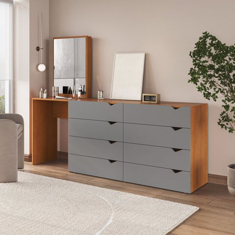 Cômoda para Quarto 8 Gavetas com Espelho Porto Cinza/Freijó