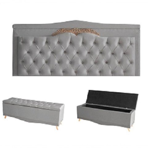Kit Barcelona Cabeceira de Cama Painel e Calçadeira Baú King 195 Cm Suede Prata do Lar Móveis e