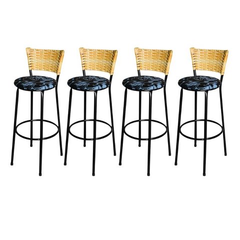Jogo 4 Banqueta Alta Para Cozinha Ratan Palha Preta Estofado Floral  Floral 