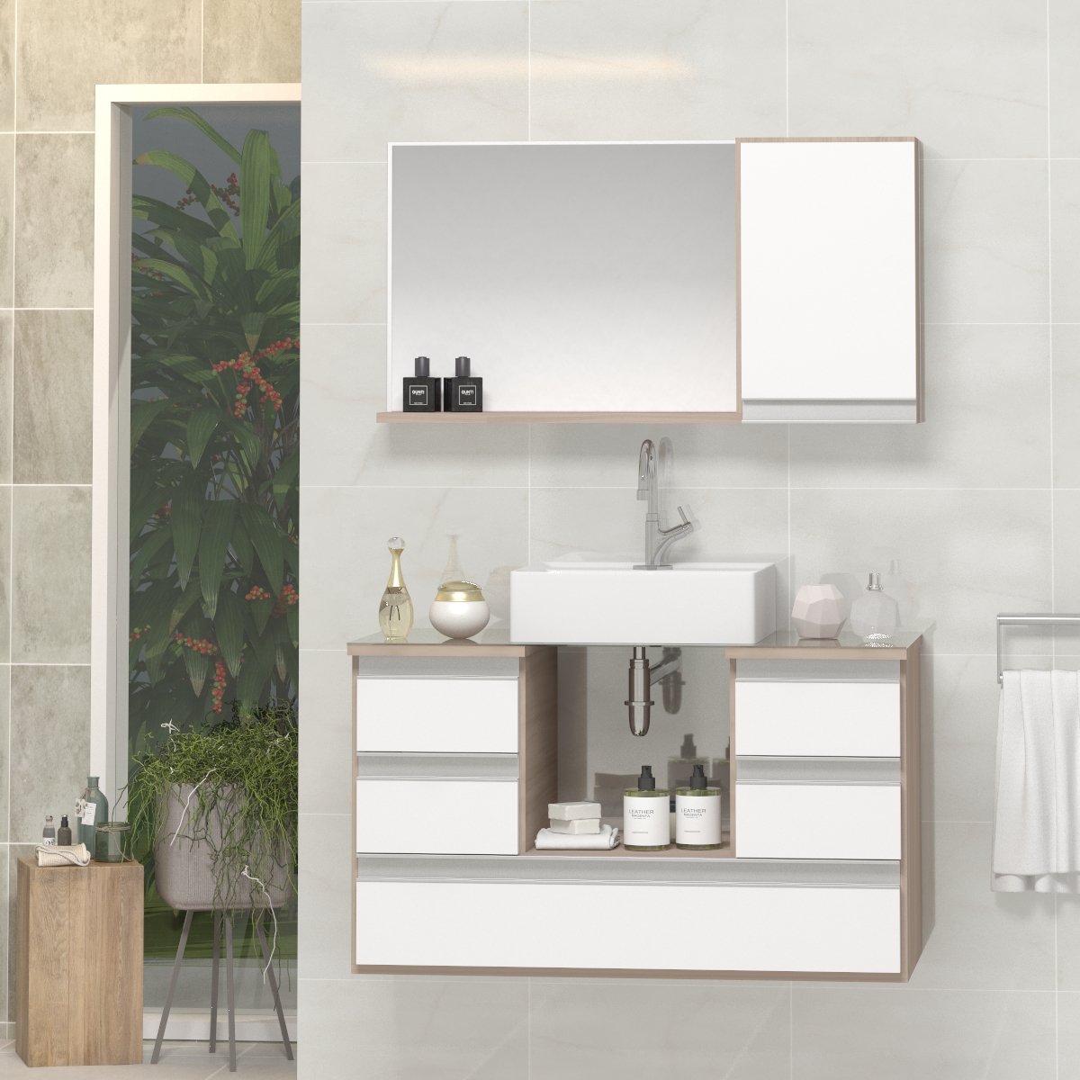 Conjunto Gabinete Banheiro POLO 80cm Madeirado/Branco - Gabinete + Cuba + Espelheira + Tampo Vidro - 1