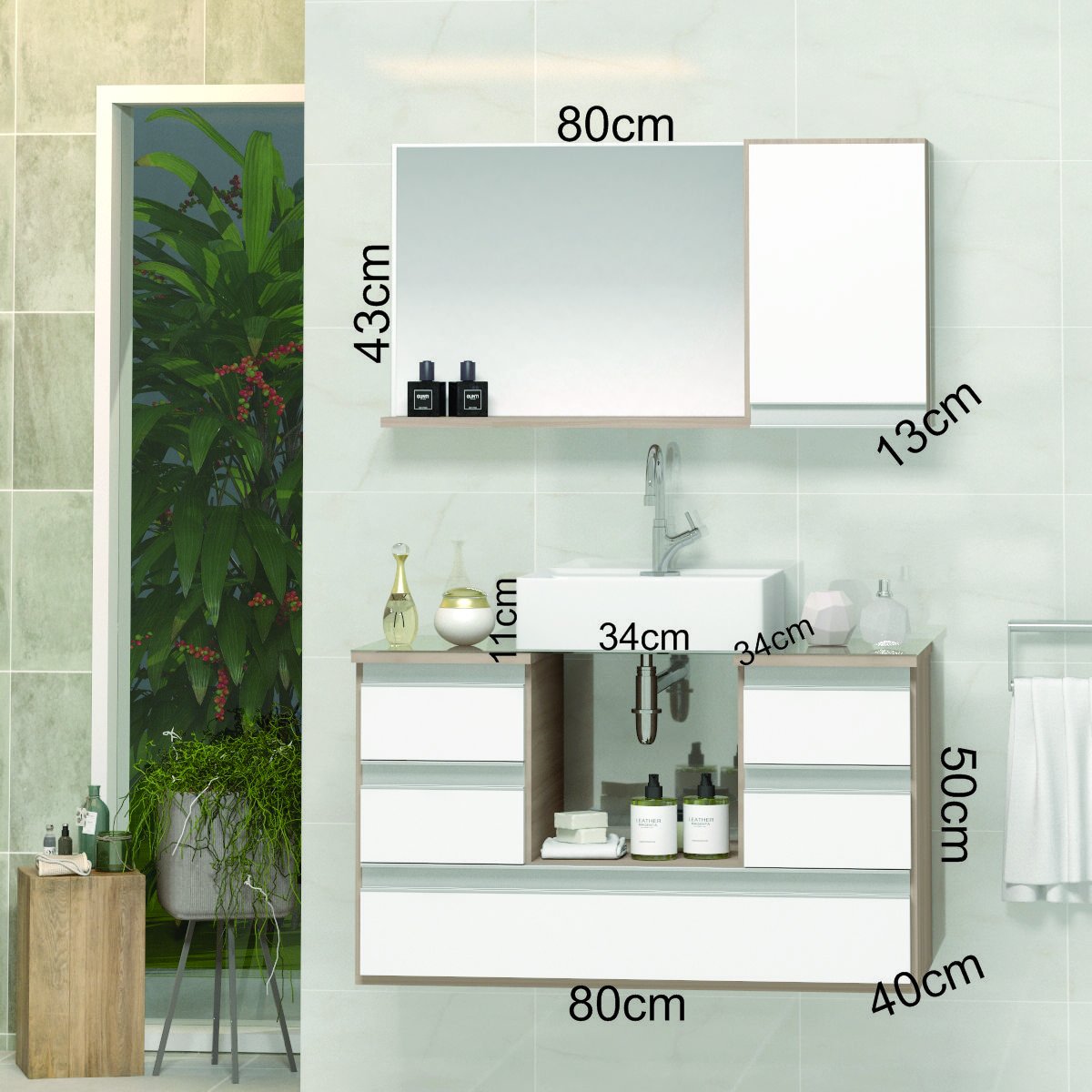 Conjunto Gabinete Banheiro POLO 80cm Madeirado/Branco - Gabinete + Cuba + Espelheira + Tampo Vidro - 2