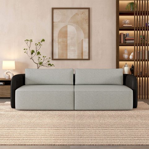 Sofá Living Sala de Estar Abel 240cm Bipartido Pés de Madeira Pu/linho Preto/cinza G33 - Gran Belo