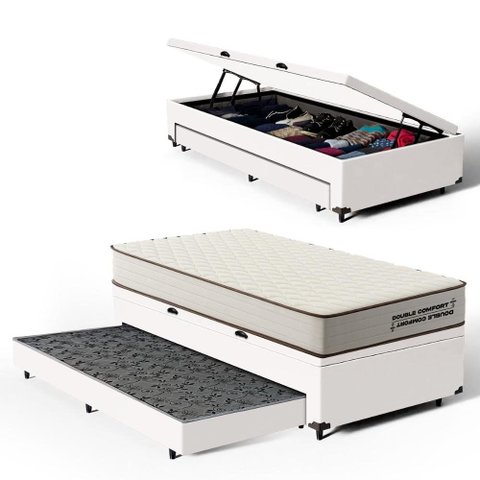 Cama Box Baú Solteiro com Colchão de Espuma D45 Double Comfort + Auxiliar 88cm