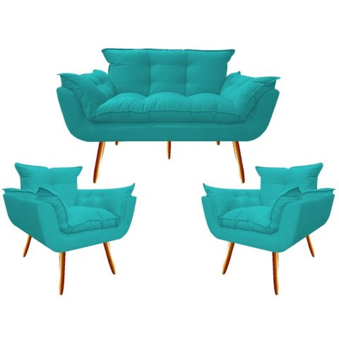 Kit Namoradeira + 2 Poltronas Decorativa Opala Suede Azul Tifany Pés Madeira Mz Decor
