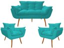 Ver imagem 1 de Kit Namoradeira + 2 Poltronas Decorativa Opala Suede Azul Tifany Pés Madeira Mz Decor