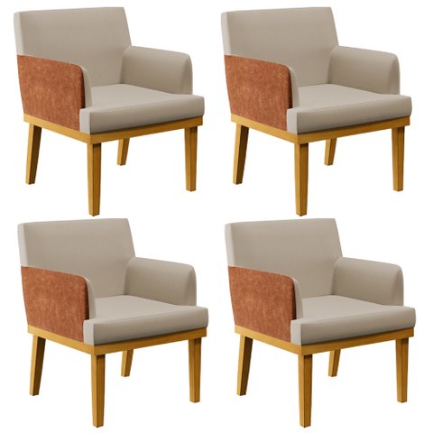 Kit 04 Poltronas Decorativas Base Mel Beatriz W01 Linho Bege Couríssimo Camel - Lyam Decor