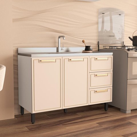 Balcão de Cozinha Amara 120x81cm com 3 Gavetas e 2 Portas Branco/Creme 250021