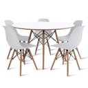 Ver imagem 1 de Conjunto Mesa de Jantar Eames Eiffel Redonda 110cm Tampo de Madeira Branco + 5 Cadeiras Brancas