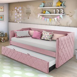 Sofá Cama Infantil em Madeira e Veludo Pavia Rosa Dubai Php Mobilia - 1