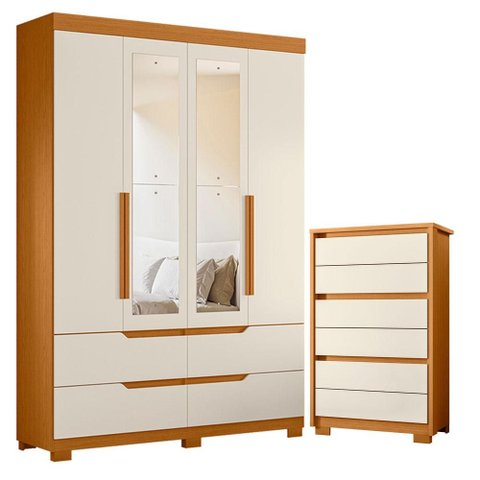 Guarda Roupa Solteiro Doble 04 Portas com Espelho e Cômoda Unno Cinamomo Off White - Móveis Albatroz
