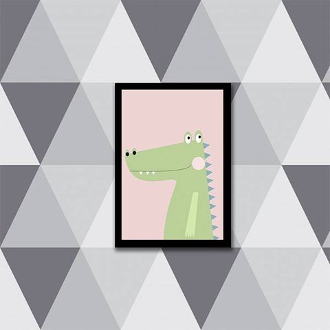 Quadro Jacarezinho Verde e Rosa 33x24cm - com vidro:Madeira branca