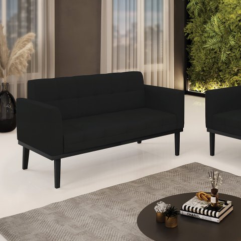 Poltrona Namoradeira Decorativa Karen Pés Fixo em Madeira Preto Linho Preto G19 - Gran Belo