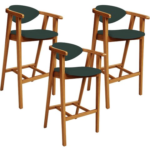 Kit 03 Banquetas Alta Para Cozinha Sala de Jantar Fixa Cecília L02 Linho Verde Musgo - Lyam Decor