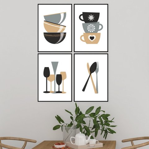 Kit 4 Quadros Para Cozinha Cinza E Marrom 33x24cm - com vidro:Madeira preta