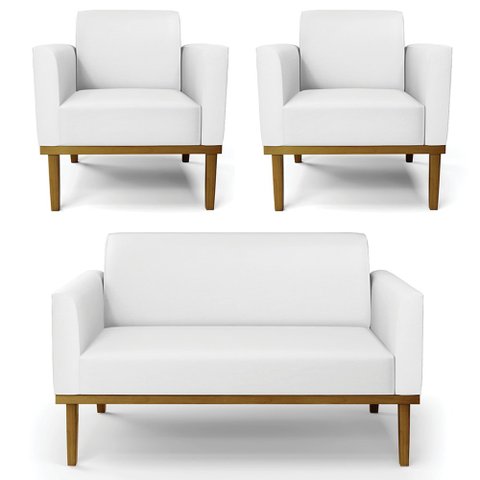 Sofá Namoradeira e 2 Poltronas Base Madeira Castanho Maressa Sintético Branco - Ibiza