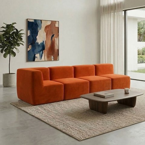 Sofá a Vácuo Modular Boucle Kit 4 Peças 3 Meios + 1 Canto Espuma Premium Sala na Caixa 3,08m - Terra